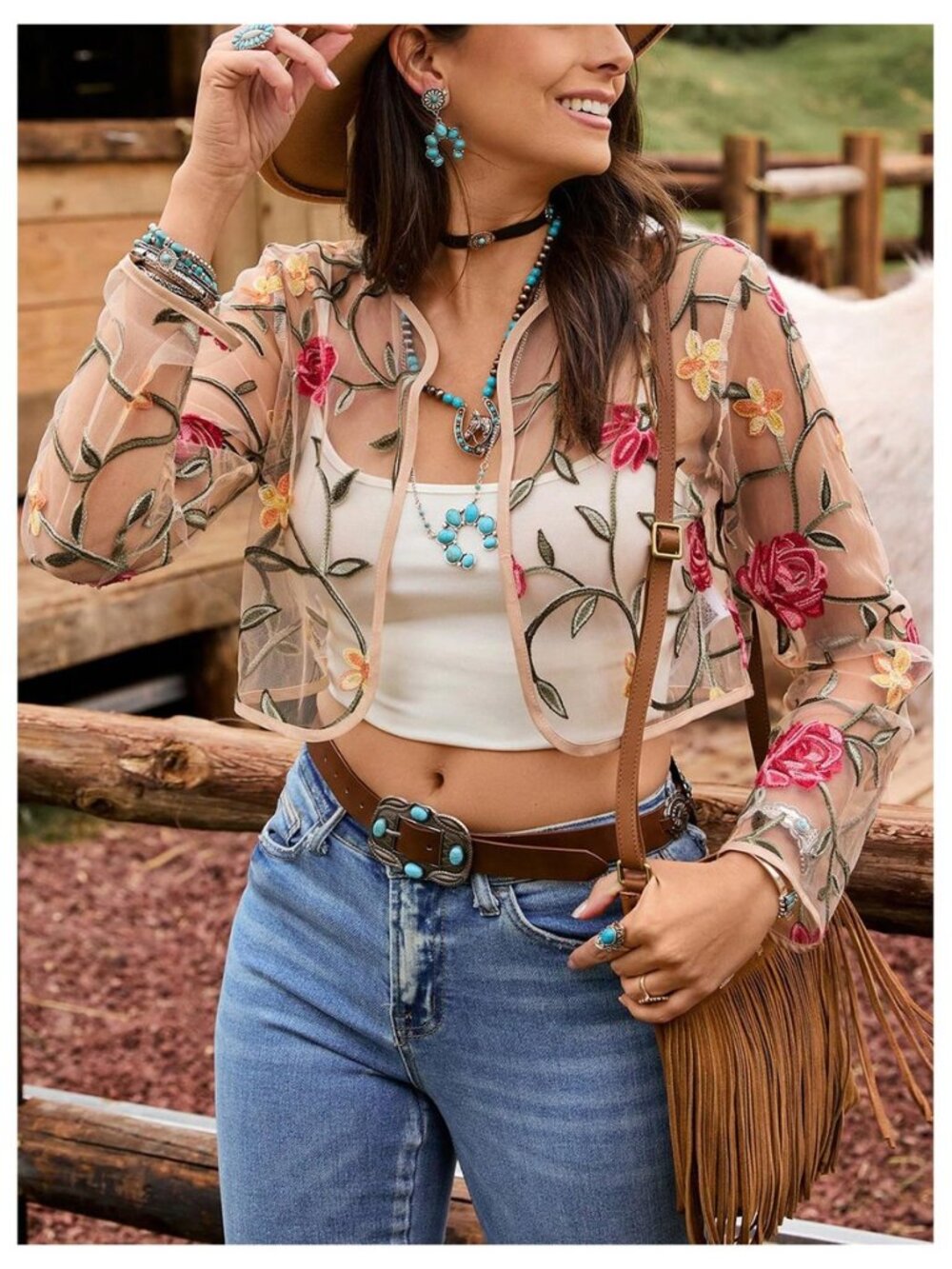 Women's Floral Embroidered Sheer Bolero Open Front Crop Jackets - Picture 4 of 8